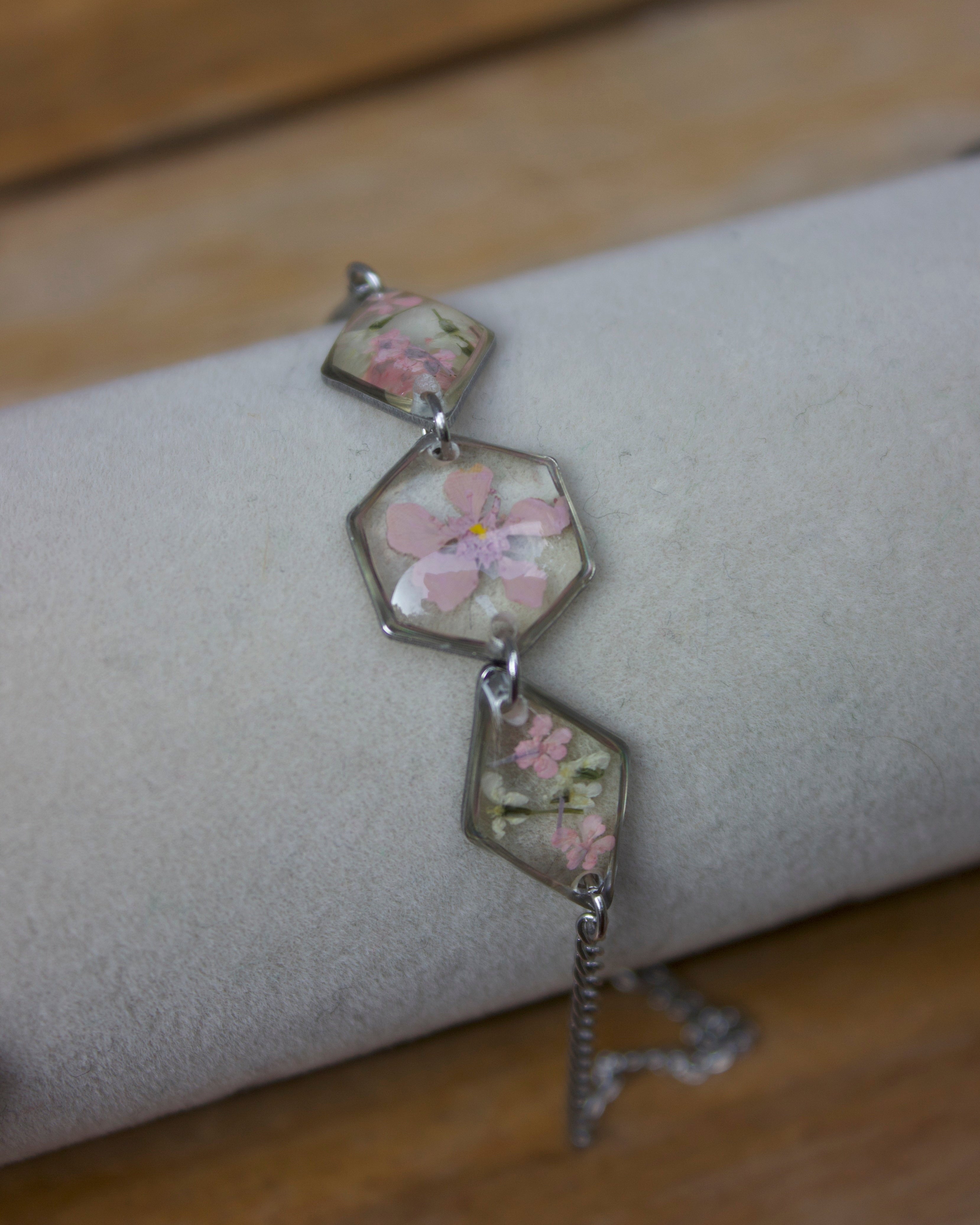Pink Pressed Flower Bracelet (Silver)