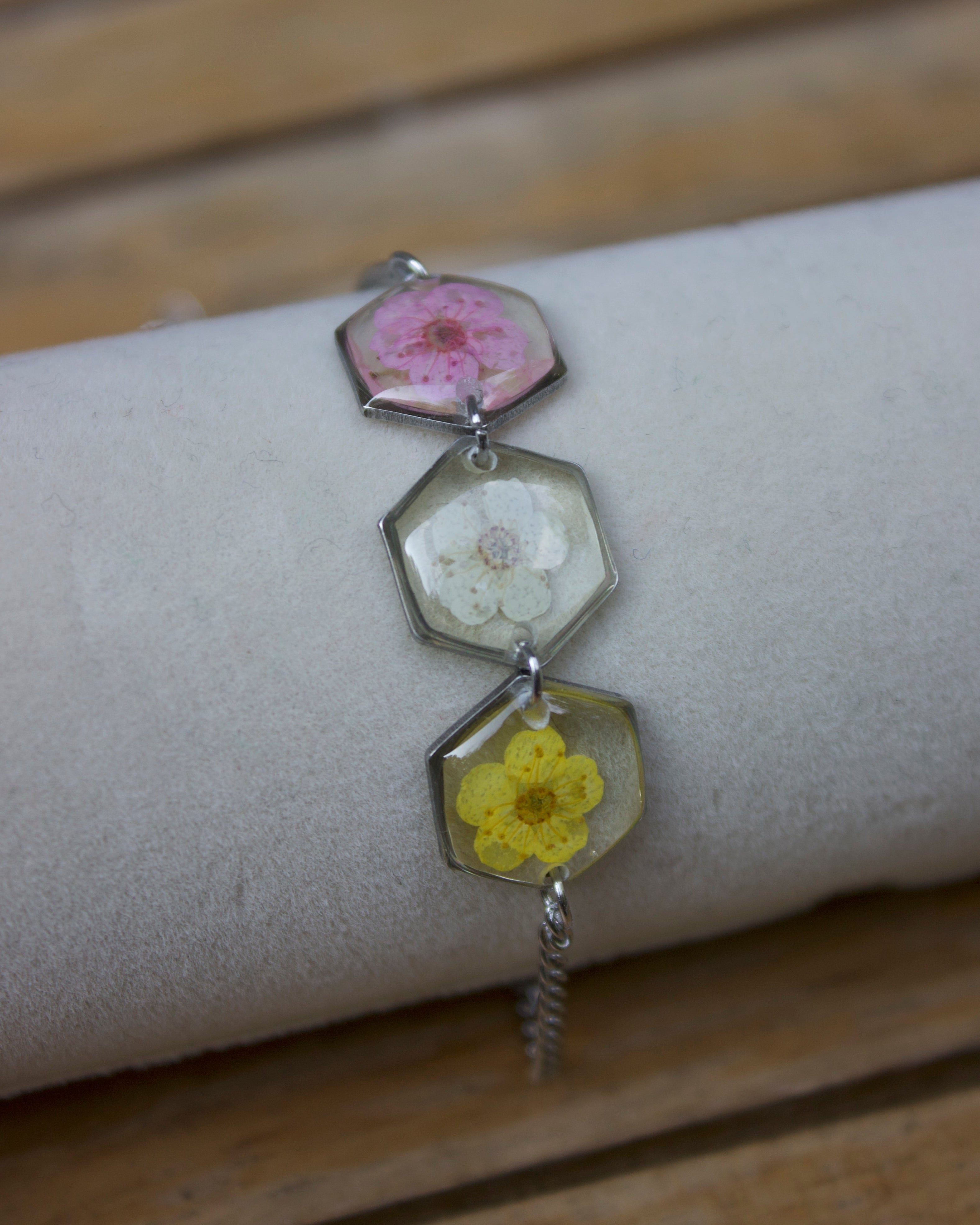 Pink, Yellow, White Pressed Flower Hexagon Bracelet (Silver)