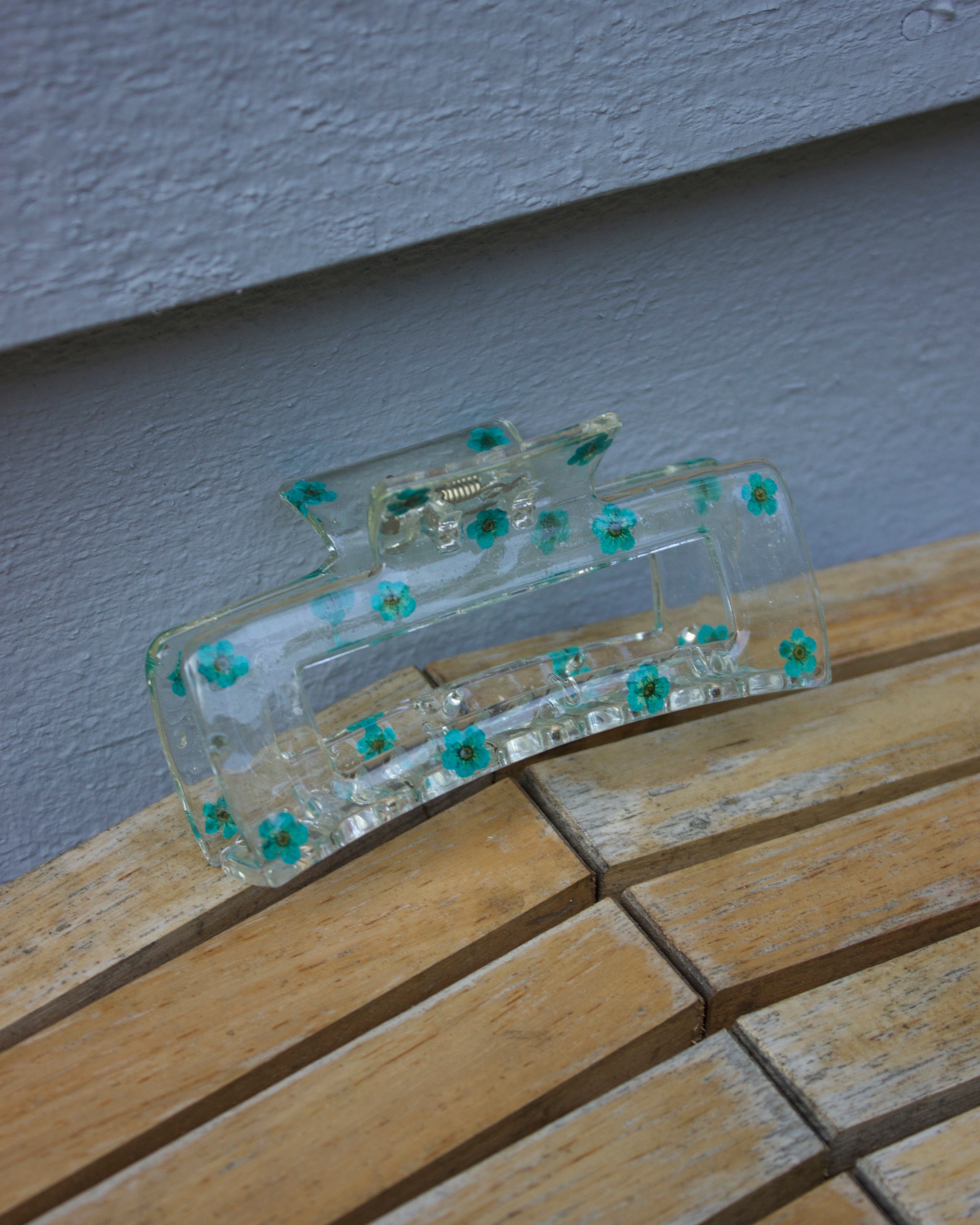 Blue Pressed Flower Hair Claw Clip