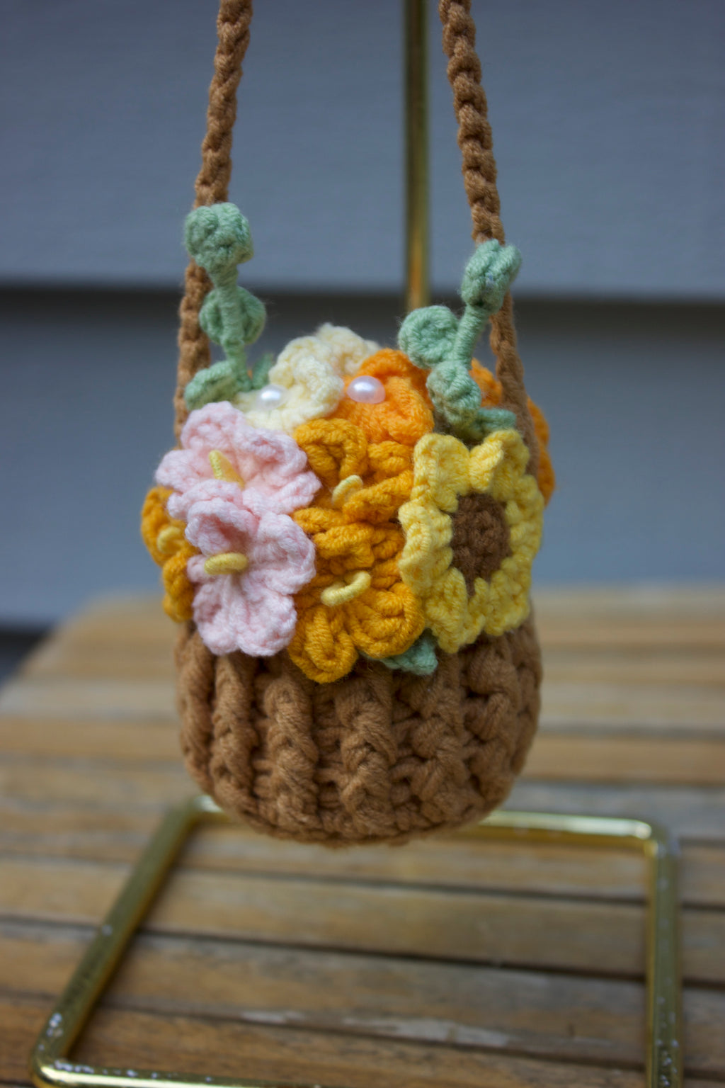 Orange Crochet Car Mirror Basket