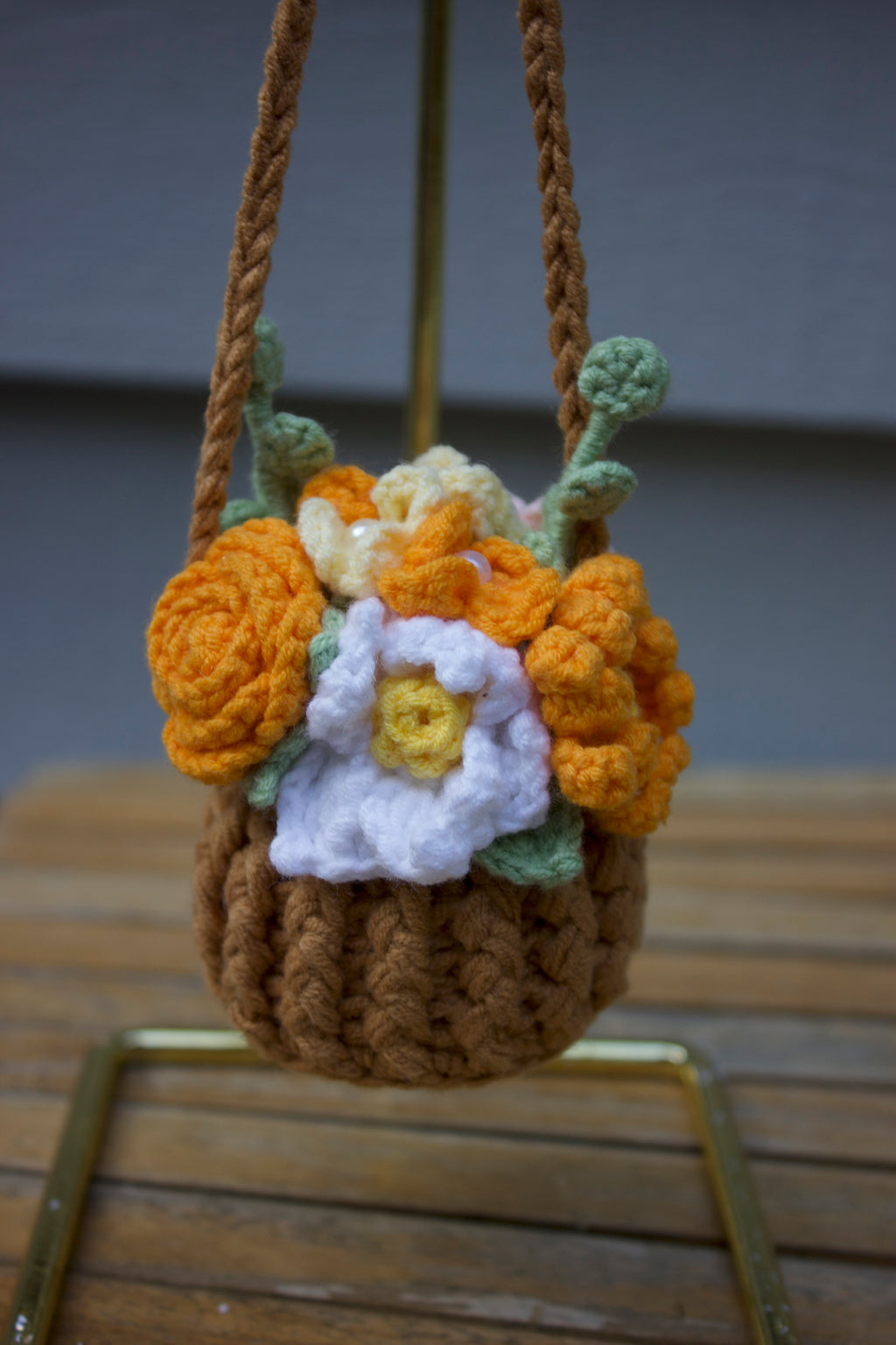 Orange Crochet Car Mirror Basket